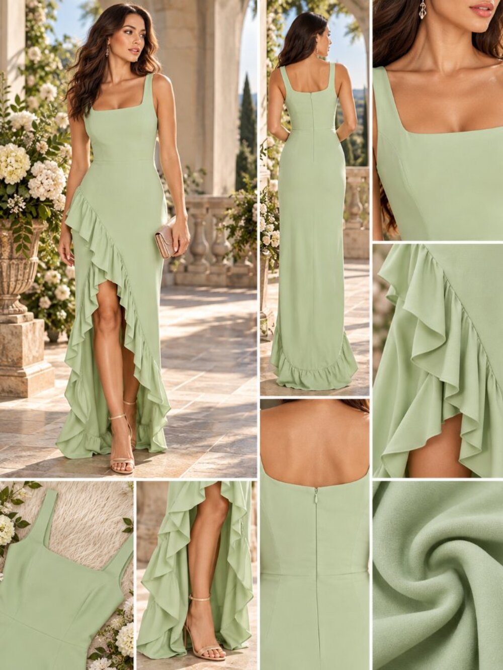 Dress the Population Charlene Sage Ruffle High Low Formal Maxi Dress L NWT